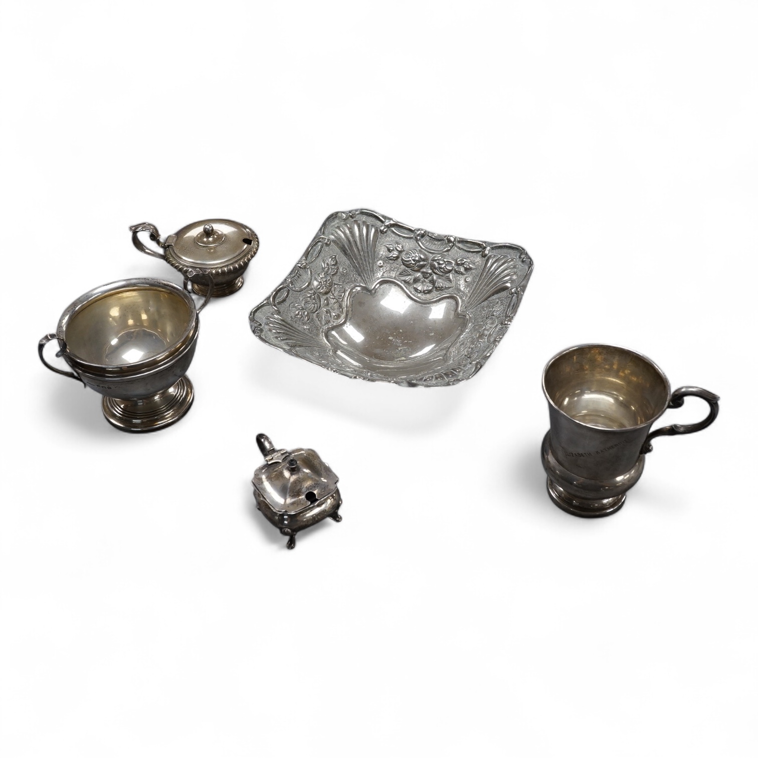 A group of silver to include Greek 800 white metal dish, 15.9cm, a white metal christening cup(tests as silver), Gorham mustard, one other silver mustard and a two handled vase.